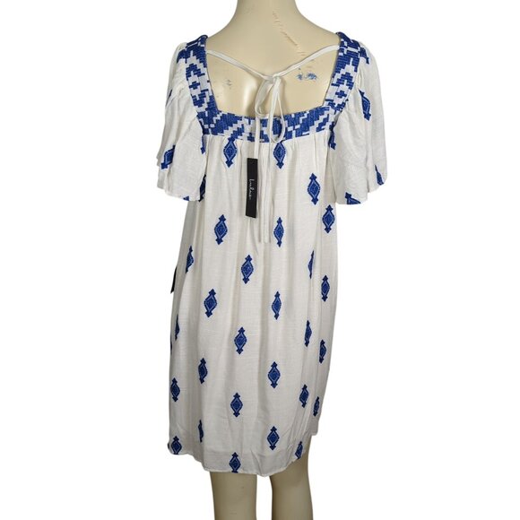 Lulus Mykonos Moment white blue Embroidered linen shift mini dress‎ size M - Picture 3 of 16